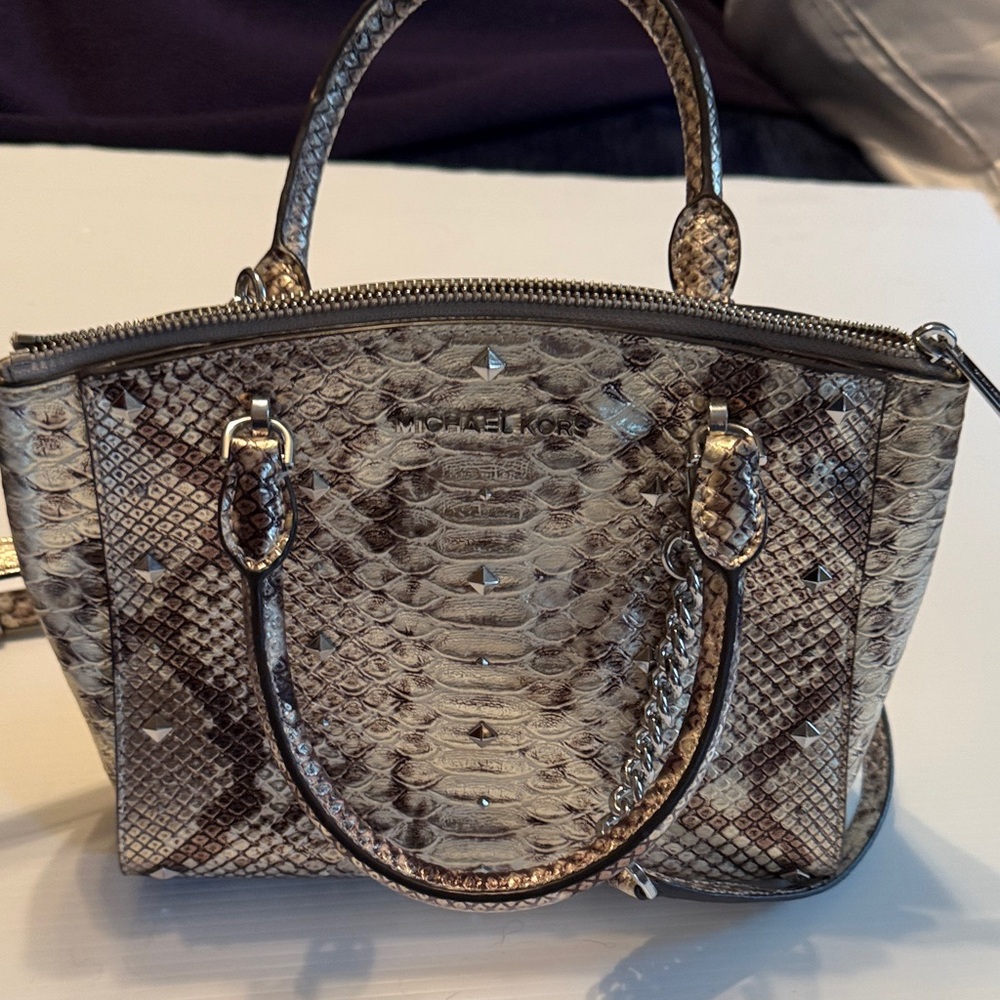 Michael Kors Ellis Studded Small Satchel Python Leather Handbag